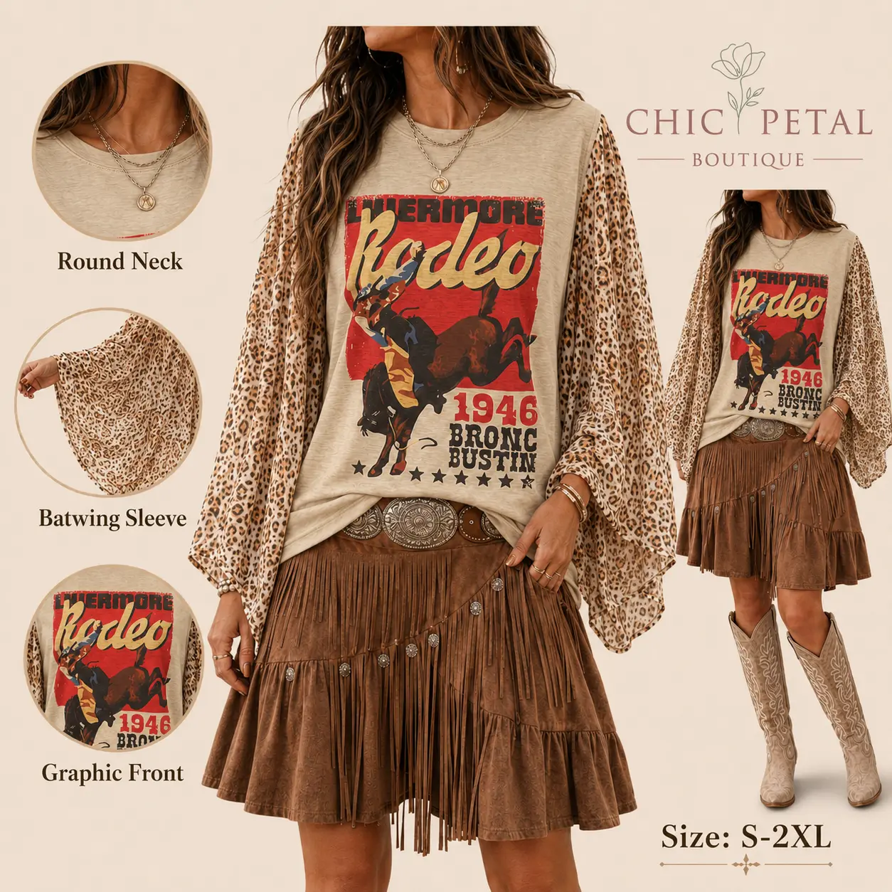Chic Petal Boutique Women’s Soft Long Sleeve Casual Cowgirl Shirt - Western Rodeo Graphic, Leopard Batwing Sleeves, Round Neck, Boho Everyday Top, Vintage, Cowboy, Skirt, Style, Tiered, Cold Wash, Graphic Front, Loose-Fit, Polyester, Leopard Print, Rodeo,