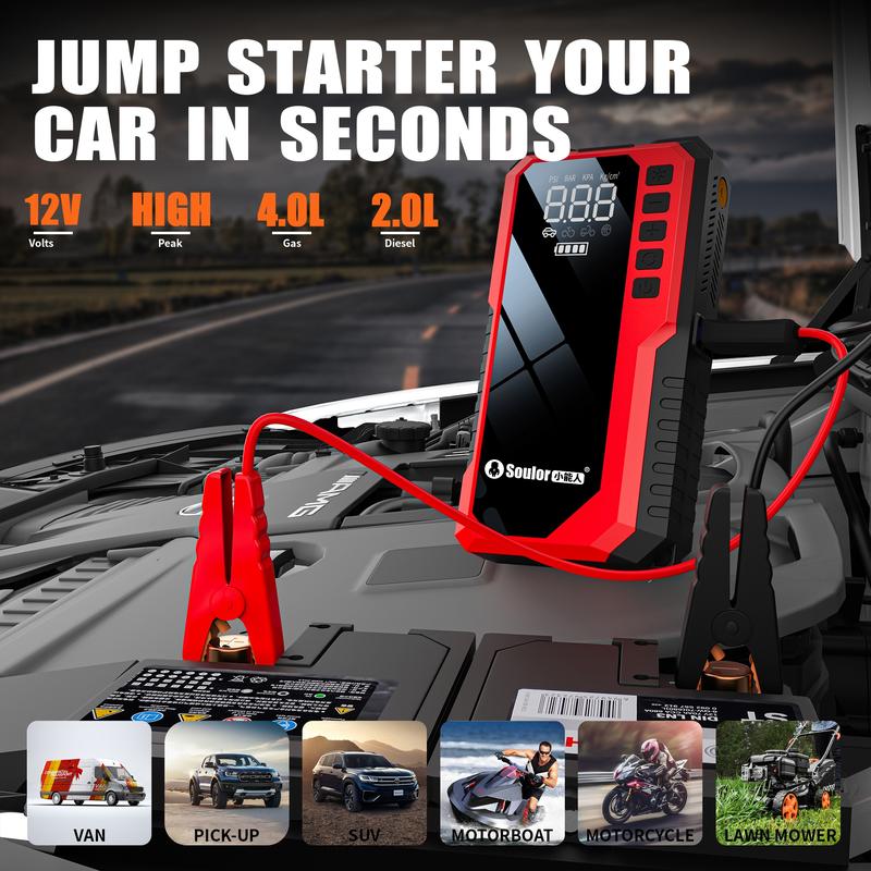 Portable Car Jump Starter (6400mAh / 8000mAh) with Air Compressor, Fast USB Charging and Multiple Safety Protections, Includes Jumper Cables, Car Tool Kit