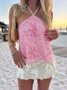 Women's Beaded Floral Loose Halter Neck Top Sequin Top Summer Summer Outfits Summer Clothes Beach Outfits For Woman Beach Vacation