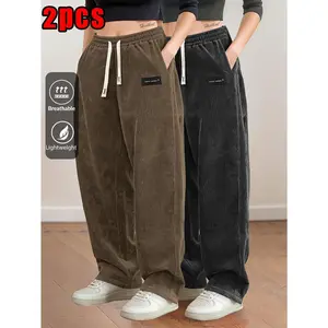 2pcs Women's Corduroy Pants, Spring/Autumn Elastic Waist with Drawstring, Back Pockets, Casual Trousers, Suitable for Casual, Work, Dating, Etc., US Direct Shipping