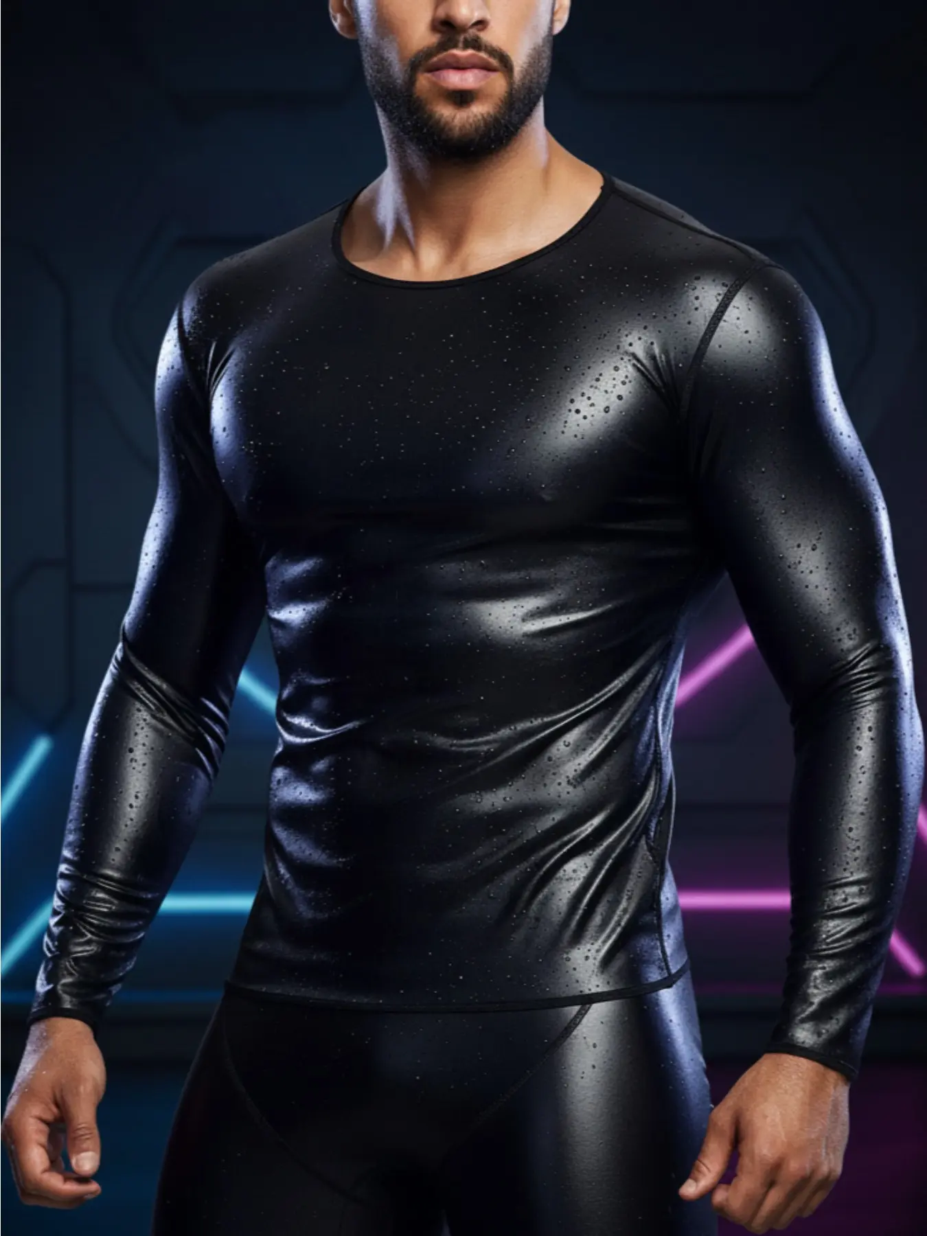 New Men Round Collar Long Sleeve Leather TShirt Slim Underwear Body Shapers Waist Trainer Corsets Tummy Shapewear Leather Shirts