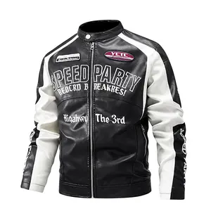 Men's Trendy Motorcycle Jacket Black White Contrast Color American Biker Leather Jacket