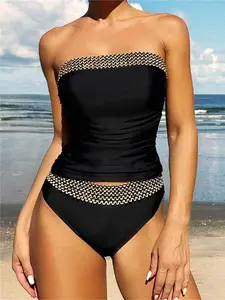 Women's Two-Piece Swimsuit Set, Slim-Fit Bikini Top & Bottoms, Casual All-Season Swimwear, Comfortable Moderate Fabric, Strapless Swimsuit Top, Textured Bikini Sets, Sea Fancy Swimsuits, Swimsuit For Beach, Summer Swimsuit Set