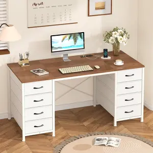 Computer Desk with 8 Drawers, Home Office Desk with Power Outlets, Work Study Gaming Desk with 8 Fabric Drawers Foldable Mid Century Bamboo L-Shaped Lift Top