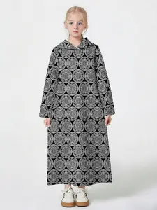 Muslim Girls Hooded Abaya, Vintage Round Texture Abaya, Loose Long Prayer Dress, Casual Asymmetrical Design