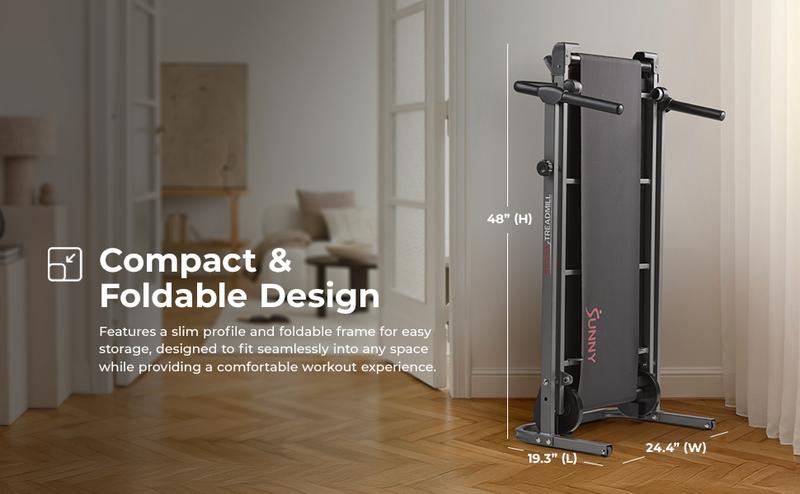 Sunny Health & Fitness Slim Foldable Manual Treadmill, Home Gym Workout Fitness, Fixed Incline, Shock-Absorbent 42" x 13" Deck, Performance Monitor, Compact Space-Saving Design for Walking/Jogging/Running, 330 lbs Capacity