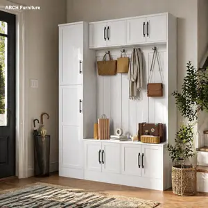 ARCH VIBE HAUS 79-in Tall Modern Hall Tree - 4-in-1 Entryway Bench with Shoe Storage, 6 Cabinets, 4 Coat Hooks & Adjustable Shelf - Studio Apartment Furniture for Hallway, Living Room (White)