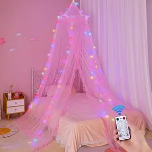 Bed Canopy for Girls with Remote Timer Breathable Canopy Bed Curtains with 8 Modes LED Lights Net Canopy for Bed for Girls Room Decor Pink