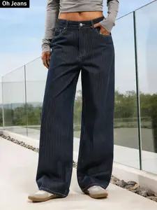 Women's Vintage Striped Wide Leg Jeans Pants, High Waist Slim Fit Drapey Loose Hem, Comfortable Versatile Work Casual Two-Wear