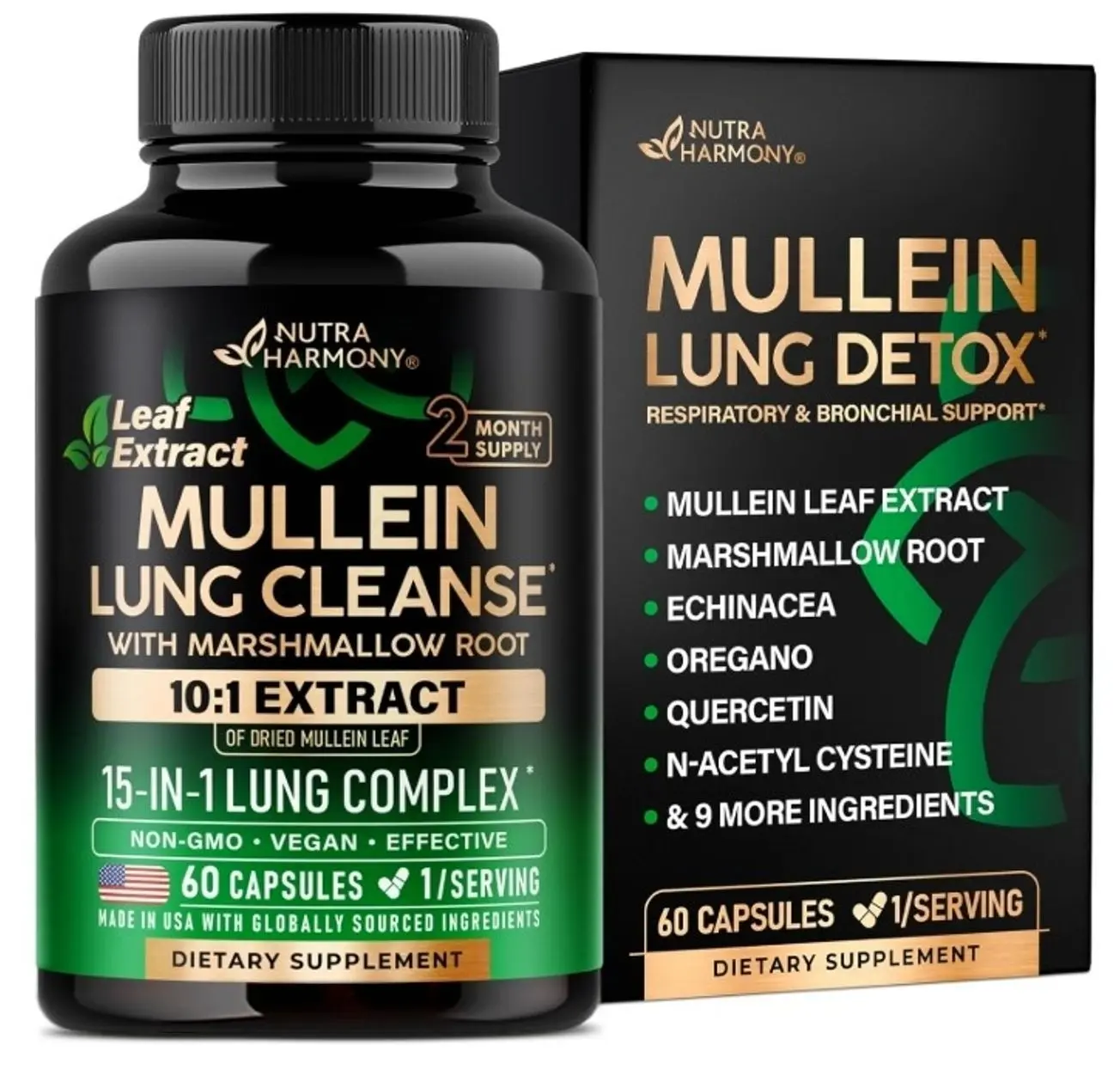 Mullein Lung Detox - Mullein Leaf 10:1 Extract - Marshmallow Root | Echinacea | Oregano | Quercetin | NAC - 15-in-1 Lung Support & Cleanse for Smokers Supplement - Made in USA - As Drops - 60 Capsules