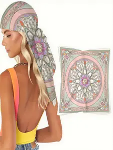 1pc Elegant Floral Square Scarf for Wedding Season: Romantic Pink Blooms and Mint Leaves on Cream, Ultra-Soft & Stylish Garden Party Accessory.