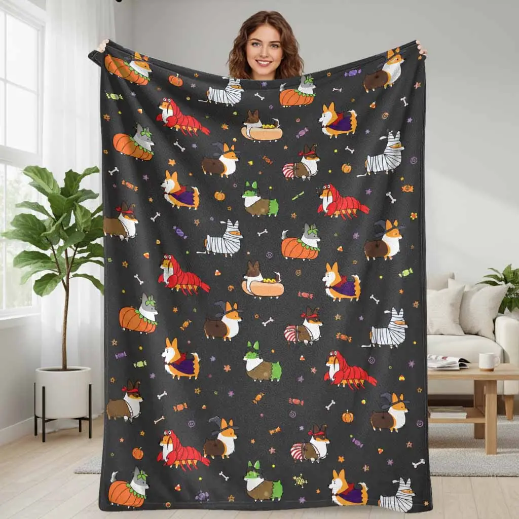 Cute Corgi Halloween Flannel Blanket  Spooky Dog Pumpkin Witch Lobster Prints  Ultra Soft Cozy Lightweight Warm Fuzzy Throw  Perfect for Couch Bed Living Room Office Nap Decor