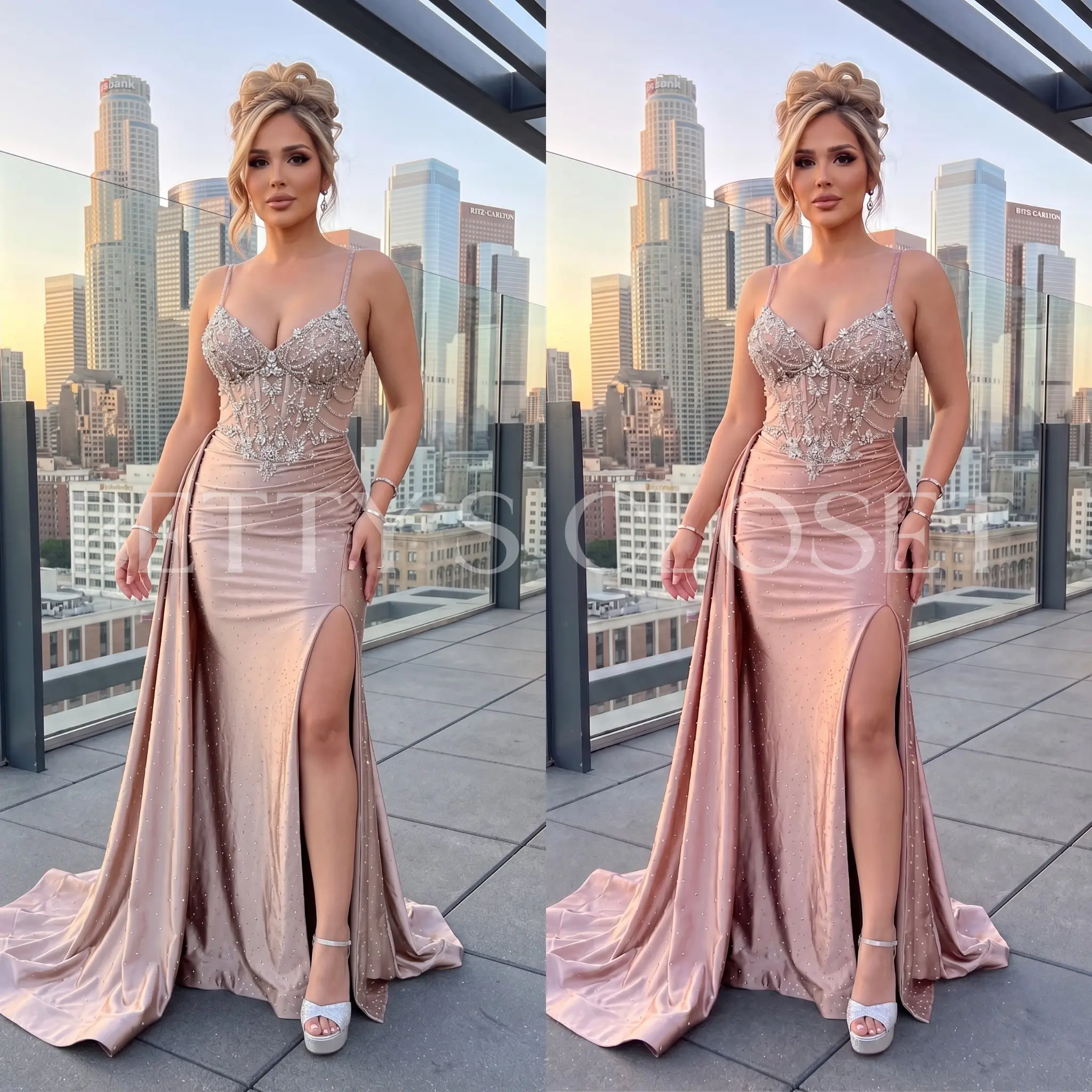 Karina Embellished Rhinestone Dress W/ Side Gathering & Lace Up Back