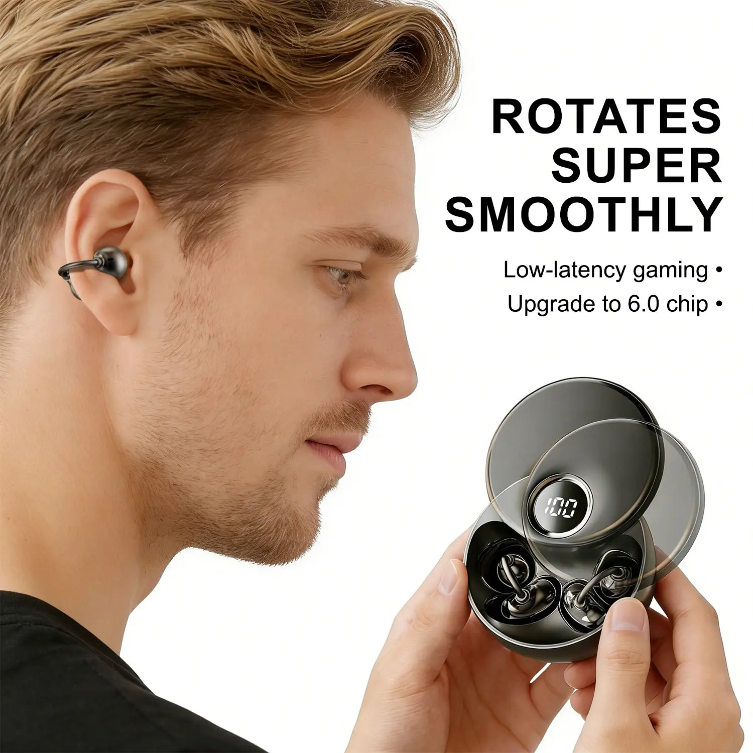 Open ear Earbuds clip on headphones, Bluetooth 6.0 , Comfortable ear hooks, HiFi Bass sound quality and ENC Noise Canceling, playback time of 54 hours , for Sport,Running,Work & All-Day Comfort for men