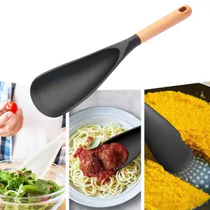 Cooking Spoon for Nonstick Cookwares, BPA-Free Matte Silicone & Wood Handle Spoon for Mixing, Great for Cooking and Serving, Cooking Spoon for Scooping Scraping Serving & Mixing