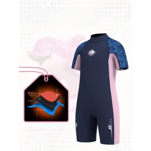 Girls' Athletic One-Piece Swimsuit - 3mm Neoprene, Short Sleeve & Legs, Zip Back for Surfing & Water Sports, Color Block Design