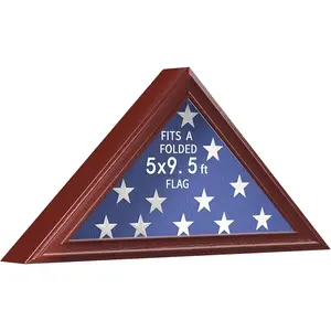 Large Flag Display Case for 5x9.5' Folded Veteran Burial Flag, Wooden Triangle Shadow Box with High Transparency  Cover, Memorial Flag Frame for Wall Mount or Tabletop, Mahogany,SH2503-RD