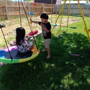 Osoeri Swing Sets for Backyard, 5-in-1 Kids Swing Set, Outdoor Swing Set with Saucer Swing, Glider, Rope Swing, and Basketball Hoop