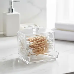 Acrylic Cotton Swab Organizer, Dustproof Portable Makeup Storage Box, Stackable Bathroom Cosmetic Container with Brush Holder, Clear Q-Tip Dispenser for Vanity Countertop Organization