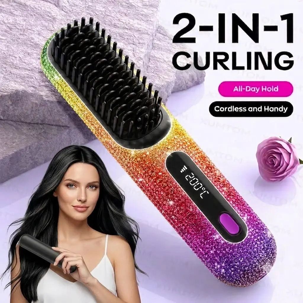 2-in-1 Curling Brush  DIY transformation Cordless and Handy All-Day Hold for Perfect Hair Styling