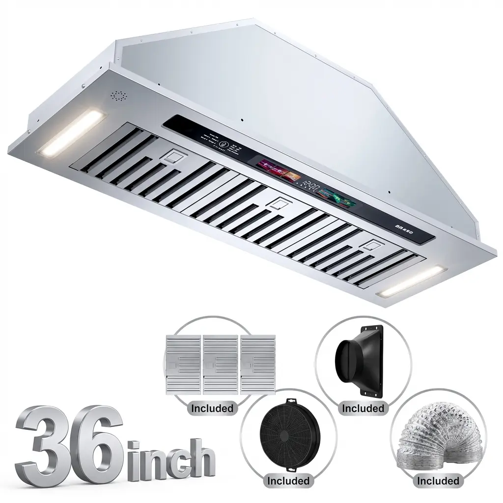 BRANO 36" Stainless Steel Smart Range Hood Insert - 900 CFM, Voice Control, Gesture Control, 4-Speed Fan, Ducted/Ductless, Smoke Removal, US Plug Type for Kitchen