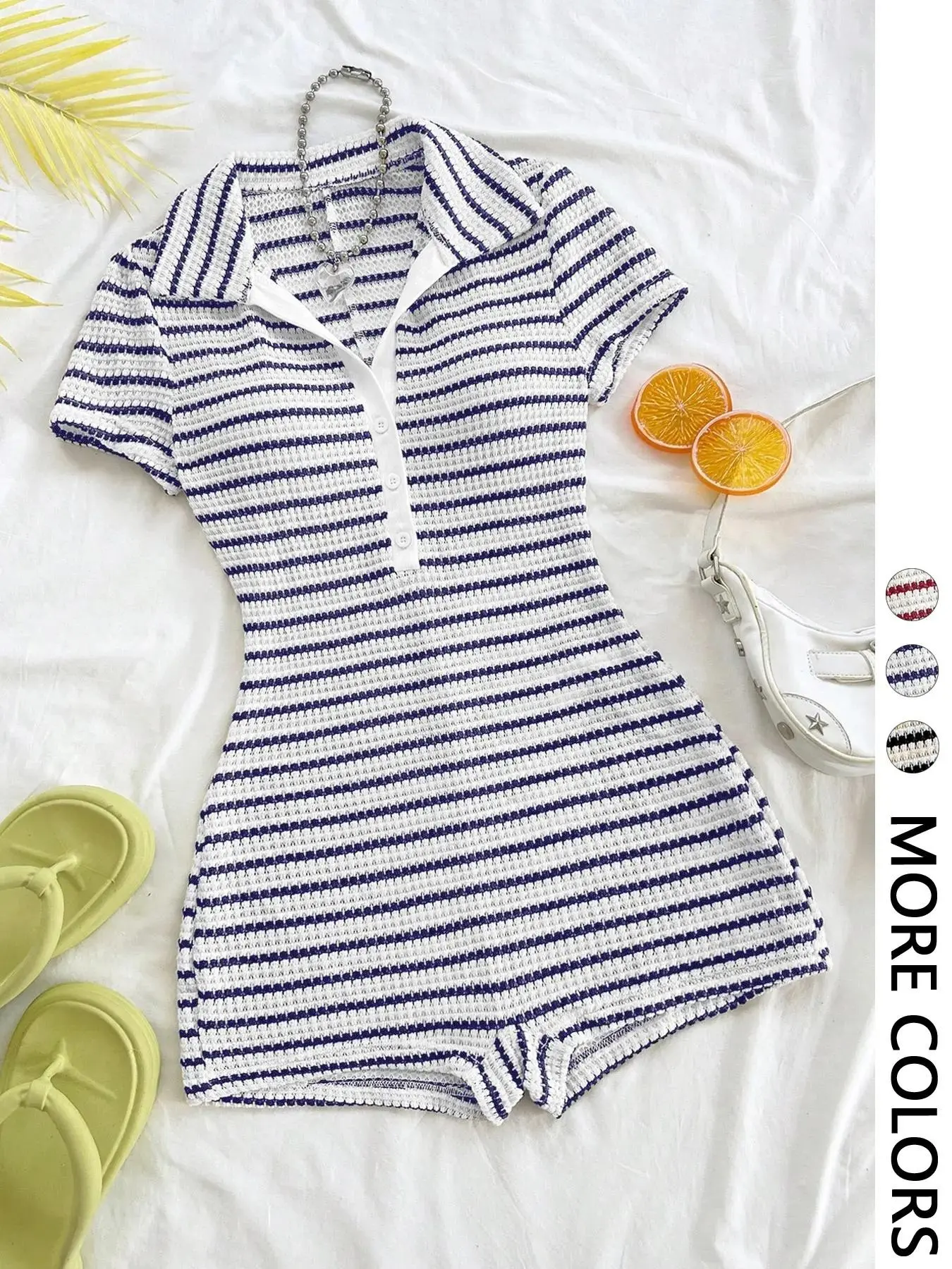 Women's Striped Polo Neck Knit Short Sleeve Jumpsuit, Casual Fitted Holiday Style, Slimming Bodycon, Trendy Ladies' Wear, Jumpsuits essential classic trending now relaxed fit sleek