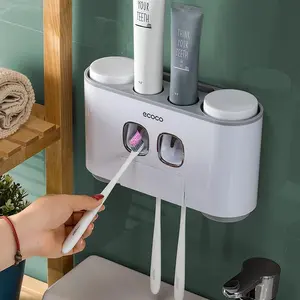 Toothbrush Holders with Toothpaste Dispenser Wall Mounted for-4 Cups Electric Tooth Pastetooth Squeezer-Organizer Accessories Set for Kids with 5 Toothbrush Slots