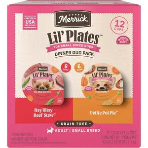 Merrick Lil’ Plates Grain Free Dinner Duos Soft Natural Wet Small Dog Food Variety Pack, Beef and Chicken - (Pack of 12) 3.5 lb. Tubs