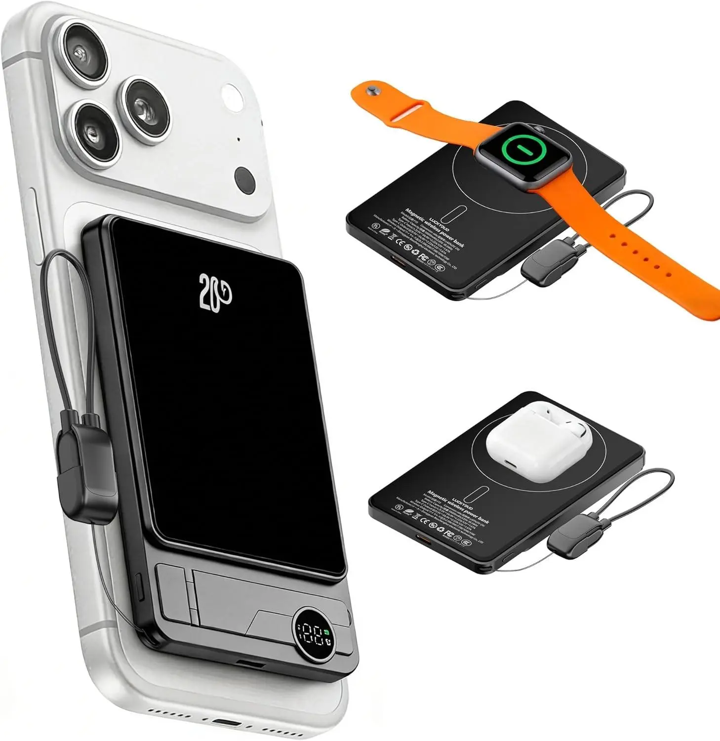 3-in-1 Folding Chargeable Portable Power Bank with Integrated Cable,Apple Watch Wireless Charging, Foldable Phone Stand -Compact FastCharge Mobile Phone Accessory for iPhone & Android SmartphonesS18