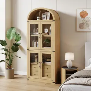 【GARVEE】Arched Bookshelf with Doors and Drawers Farmhouse Bookcase 15.83in Depth Display Storage Shelves 71.4in Tall Wooden Display Cabinet Rounded Bookcases for Living Room, Kitchen, Office