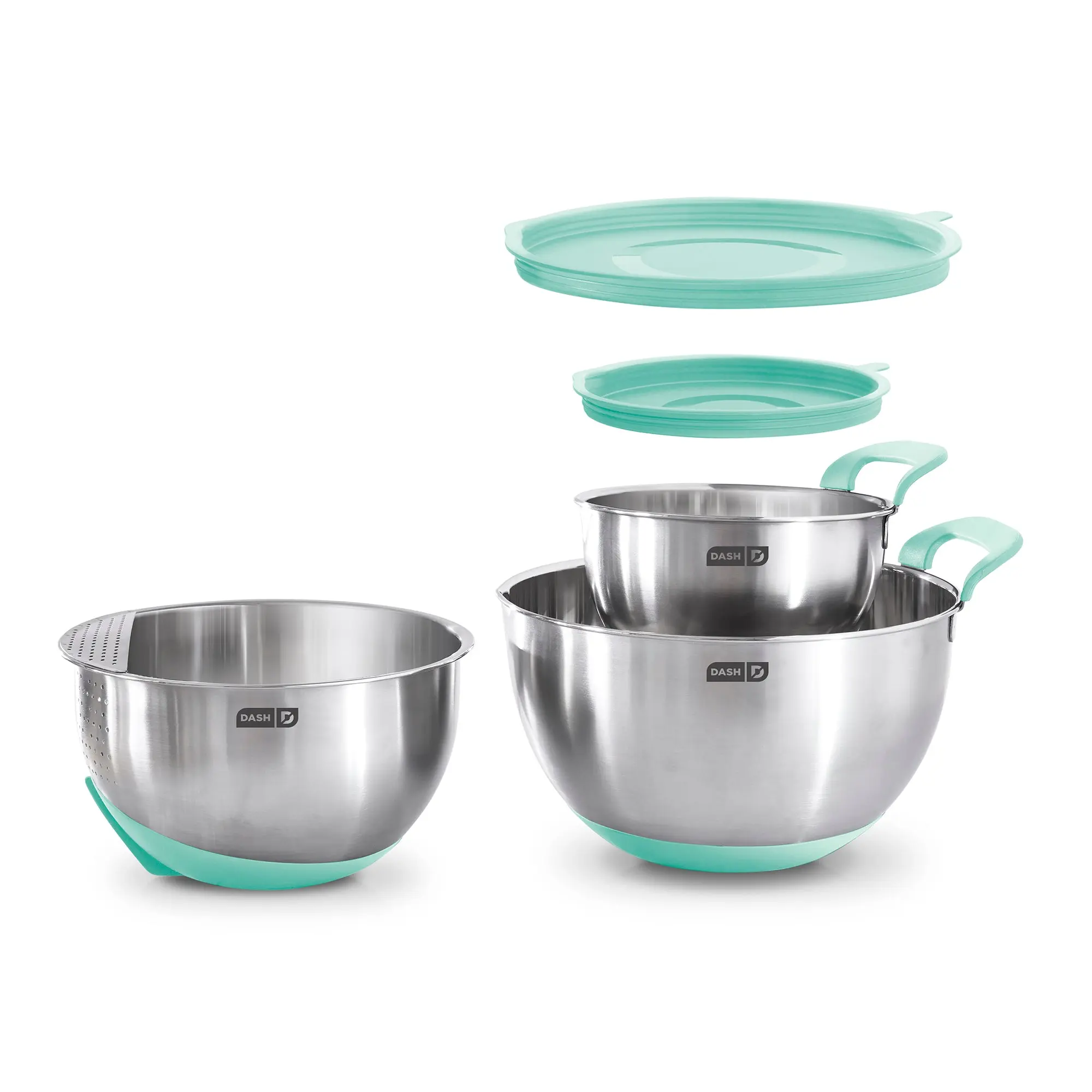 DASH Stainless Steel Round Mixing Bowls Set of 3 - 1.5 Qt Lidded Option, Nonslip Base, Spout Pouring, Built-in Handles, 3 Qt Strainer Bowl, Measurement Lines, Durable Kitchenware for Baking & Food Prep, Easy Cleaning, Appliance-Compatible