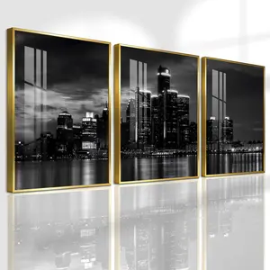 3 Count Aluminum Alloy Frame Canvas, Fashion Poster, Black And White City Skyline Night View, Modern Living Room Decoration, Light Luxury Family Art Prints, Suitable For Bedroom, Corridor And Office Wall Decor, Gift