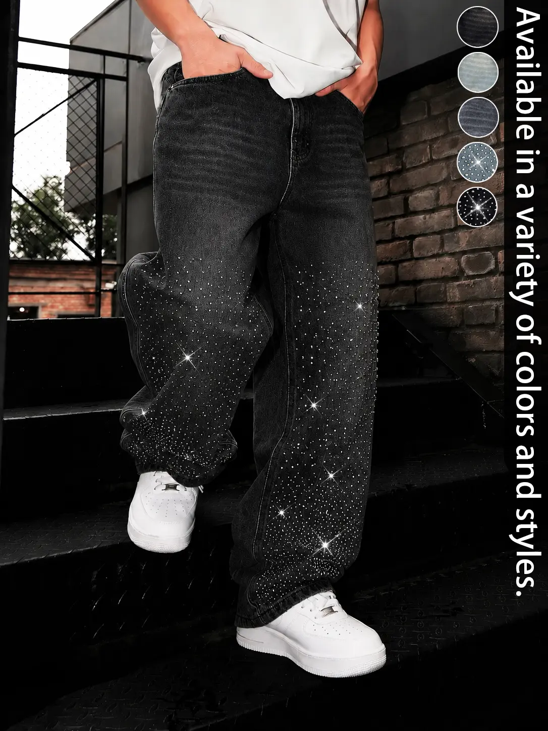 Vintage Rhinestone Jeans for Men Sparkle Studded Distressed Denim Pants Baggy Straight Leg Streetwear Trousers Y2K Hip Hop Fashion Casual Loose Fit Washed Jeans Party Club Outfit Trendy Shimmer Denim Bottoms for Everyday Wear Concert Night Looks