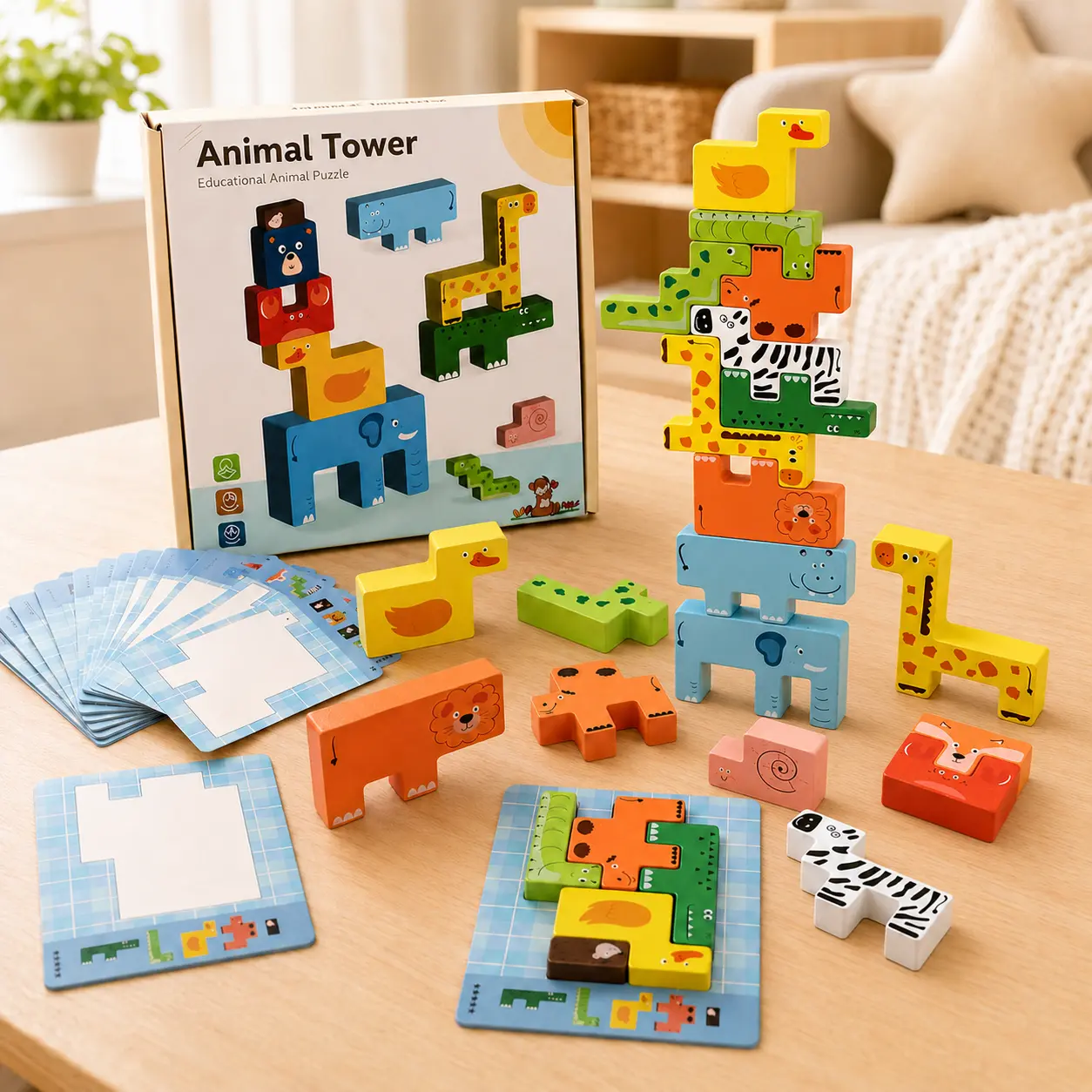 Montessori Toys, Wooden Animal Tower ,Animal Stacking Puzzle Game for Toddlers, Montessori Matching Blocks with 4-Level Cards, Logic Brain Teaser & Fine Motor Toy, Building Blocks Game Stacking Toys, Toddler Birthday Gifts, Cool gifts for kids sohochic