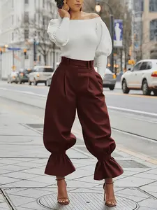 Women's High Waist Lantern Pants - Olive Green Wide Leg Trousers with Ruffled Hem And Elastic Waistband"