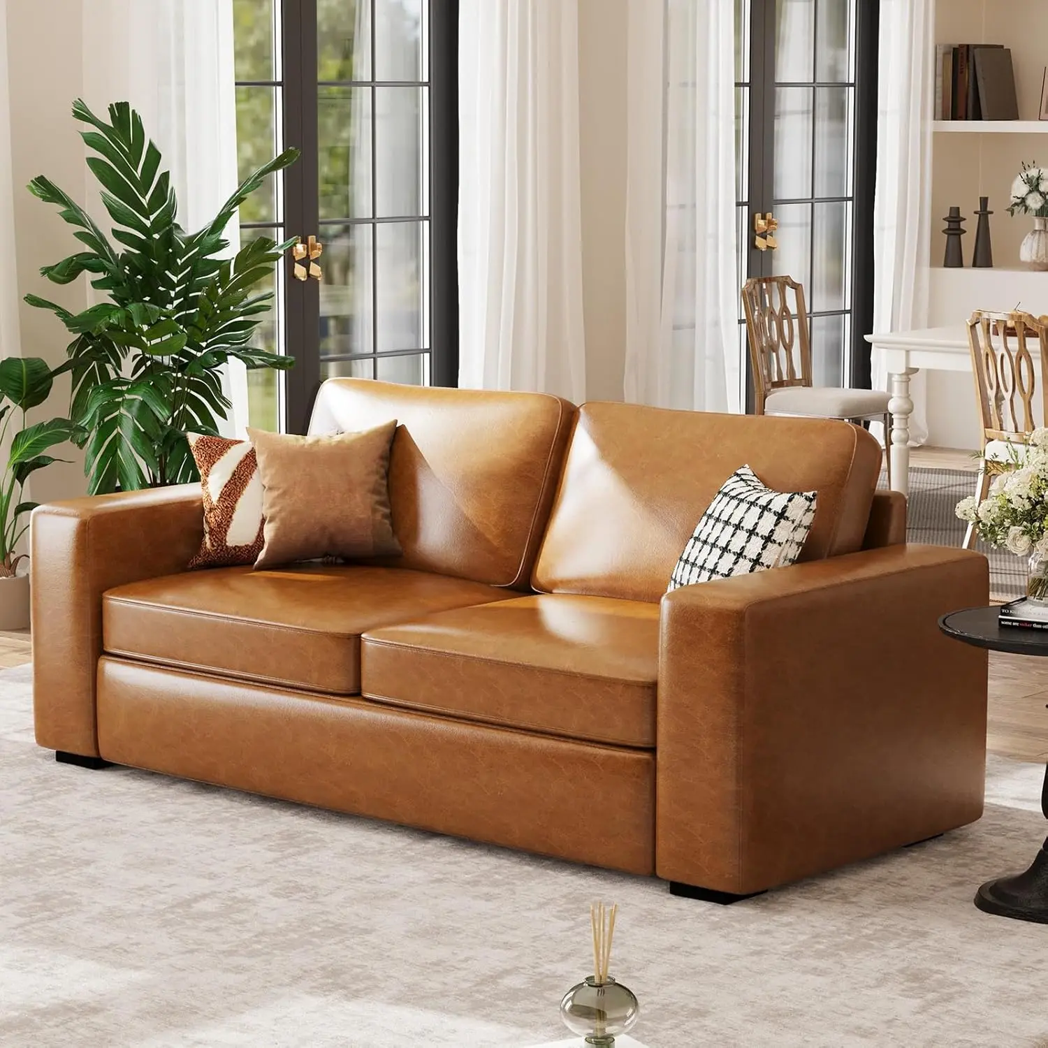 ABCASA 85" Faux Leather Couch with Padded Cushions, Mid-Century Modern Sofa with Extra Deep Seats, 3-Seater Sofa Couch for Living Room Apartment Lounge, Brown