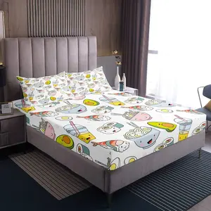 Feelyou Sushi Pattern Fitted Bed Sheets Set - Japanese Style Cute Cartoon Decor, Japanese Cuisine Themed Soft Bedding, Microfiber Decorative Bedsheet, Decorative Bedsheet Sets