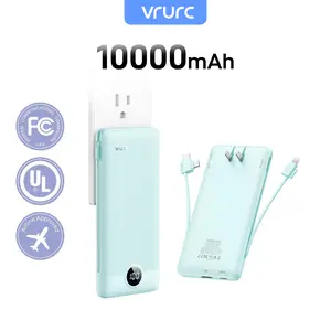 VRURC 10000mAh Travel-Ready Power Bank with Built-in AC Wall Plug & USB-C Cable Rechargeable Battery Pack for Smartphones & Tablets Black Charging Foldable Earbuds