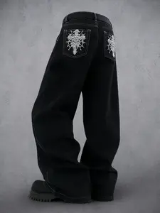 Halloween Embroidery Pockets Design Loose Wide Leg Jeans, Y2K Street Aesthetic Vintage Trendy Denim Jeans, Fashion Pioneer Jeans for Women