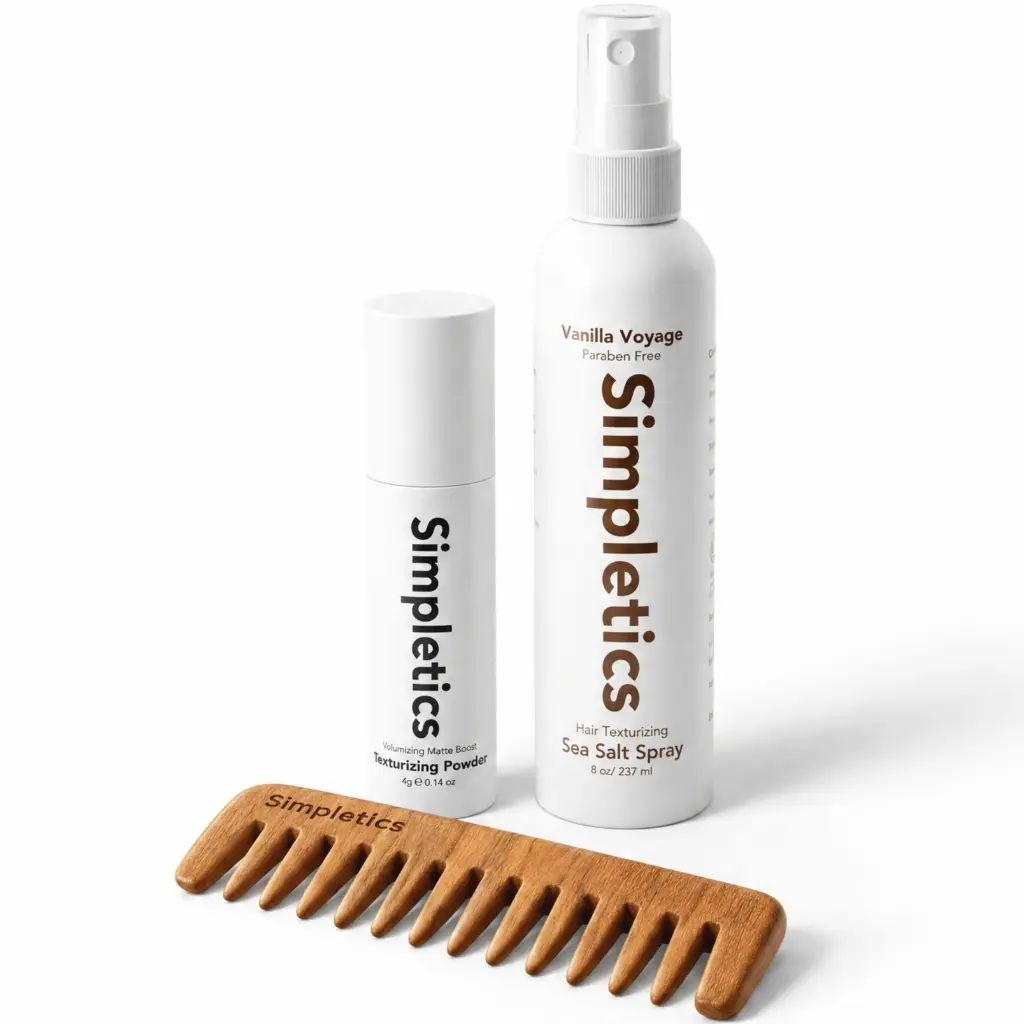 Simpletics Men's Hair Care Texture Duo Set - Free Wooden Comb Gift, Scented Vanilla Sea Salt Spray Bottle & Chemical Free Texture Powder, Volume, Root Lift, Matte Wavy Finish, Vegan