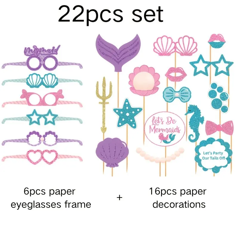 22-Piece Mermaid Party Paper Decoration Set, Ocean Theme Birthday Party Supplies, Shell Design, Summer Event Decorations, Party Favors Assortment