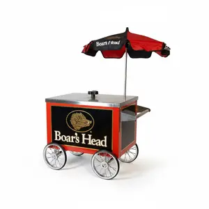 Boar's Head Vintage Hot Dog Cart with Umbrella Retro Catering & Event Setup Piece Stainless Steel Sink Warming Tray Classic Vendor Wheels