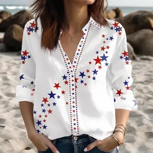 USA Flag Women's Button Up Shirt, Patriotic Casual 4th of July Blouse, Merica Red White Blue Top, Independence Day Summer Outfit
