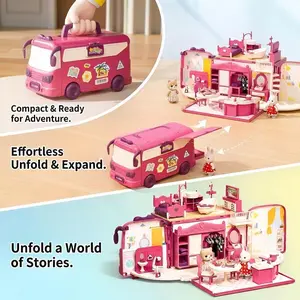 Portable 2-in-1 Pink Bus Dollhouse Playset - Transformable Toy House with Mini Furniture & Figures for Girls Age 3+