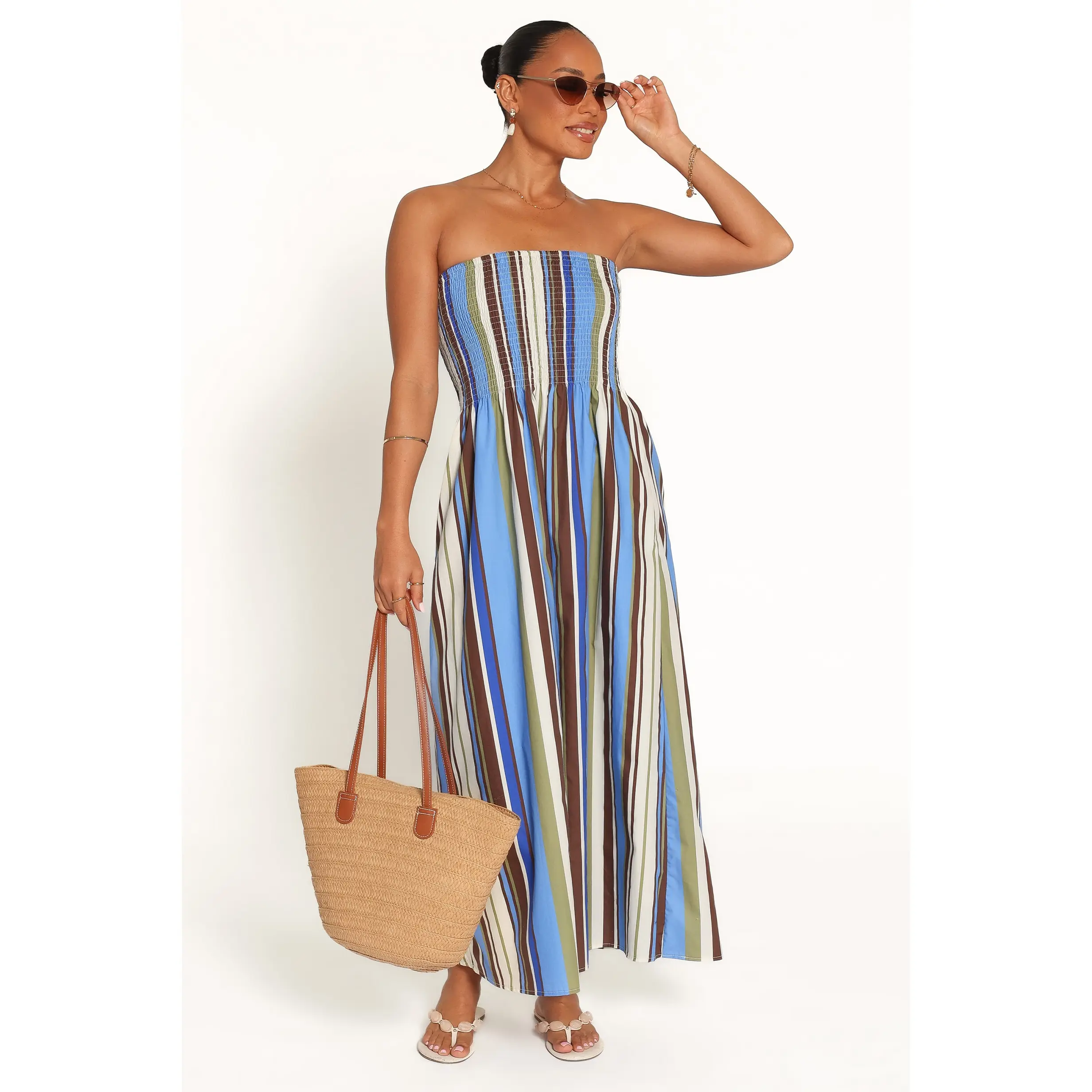 Nella Strapless Maxi Dress - Blue/Khaki Stripe