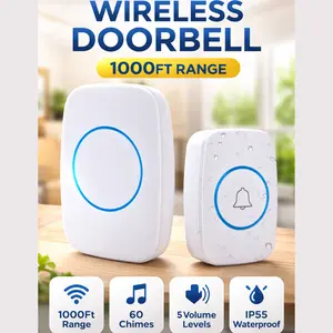 Wireless Doorbell Kit Waterproof IP44 Rated 500Feet Range 48 Chimes Adjustable Volume White Easy Install with Alkaline Battery