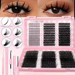 Lash Clusters for Eyelash Extension, Eyelash Cluster Extensions, Lash Clusters Kit, Includes Spiky and Bottom Lashes, Mixed-Style Volume Lash Clusters with Glue, Tweezers and Brush, False Eyelashes for DIY at Home