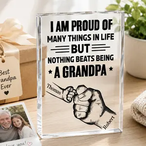 Personalized Acrylic Family Plaque Custom Title And Names Fist Bump Hand Sign Proud Family Keepsake Clear Desk Decor Fathers Day 2026 Gift For Dad Papa Grandpa Husband Gift From Kids Grandkids Room Decor Home Decor