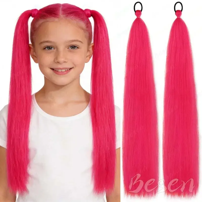 New Synthetic 2pcs 26" Hot Pink Ponytail for   Women,Long Straight Colorful Braiding Ponytail, Multi-colored Ponytail