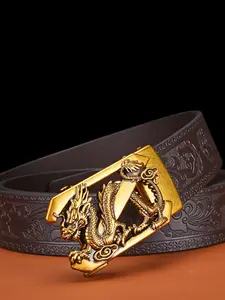 Men' Vintage Automatic Buckle Belt Genuine Leather with Golden-Tone Dragon & Floral Embossed Design Black Casual Cowboy Belt for Jeans Western Belt Buckles